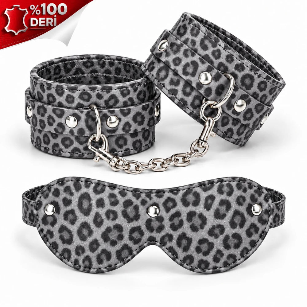Frowzer Fetish Love Game %100 Gerçek Deri El Bilek Kelepçesi ve Maske-Leopar