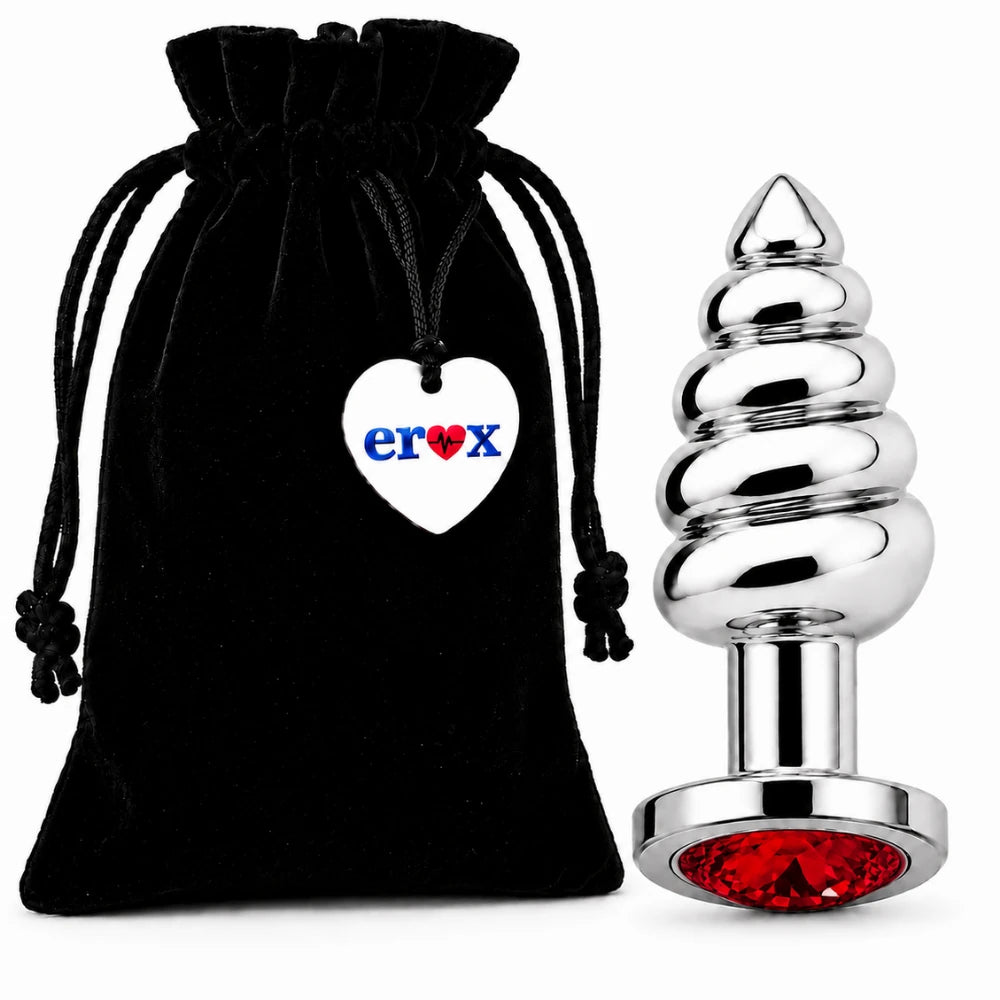 Frowzer Anal Play Silver Ribbed Kırmızı Taşlı Boğumlu Metal Anal Plug - Small