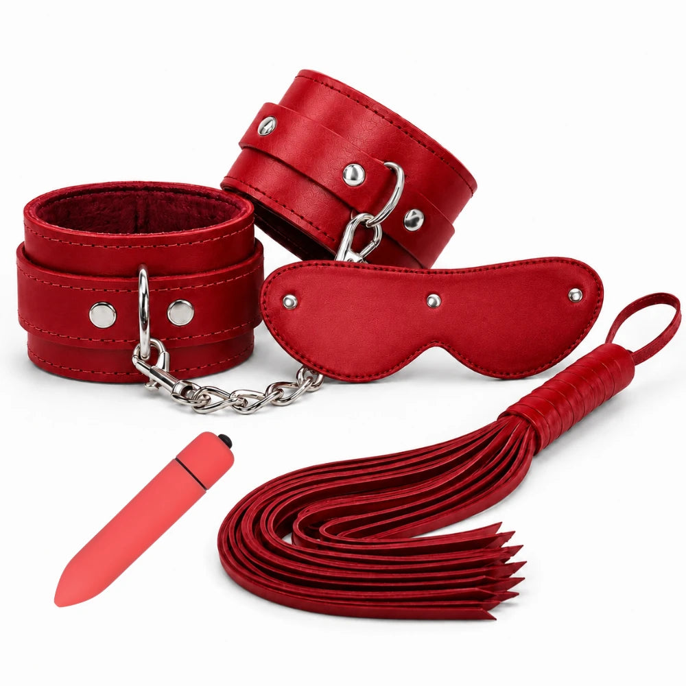 Frowzer Fetish Fantasy Series Cuffs Vibratörlü Deri Fetiş Pozisyon Kelepçe Seti-Kırmızı