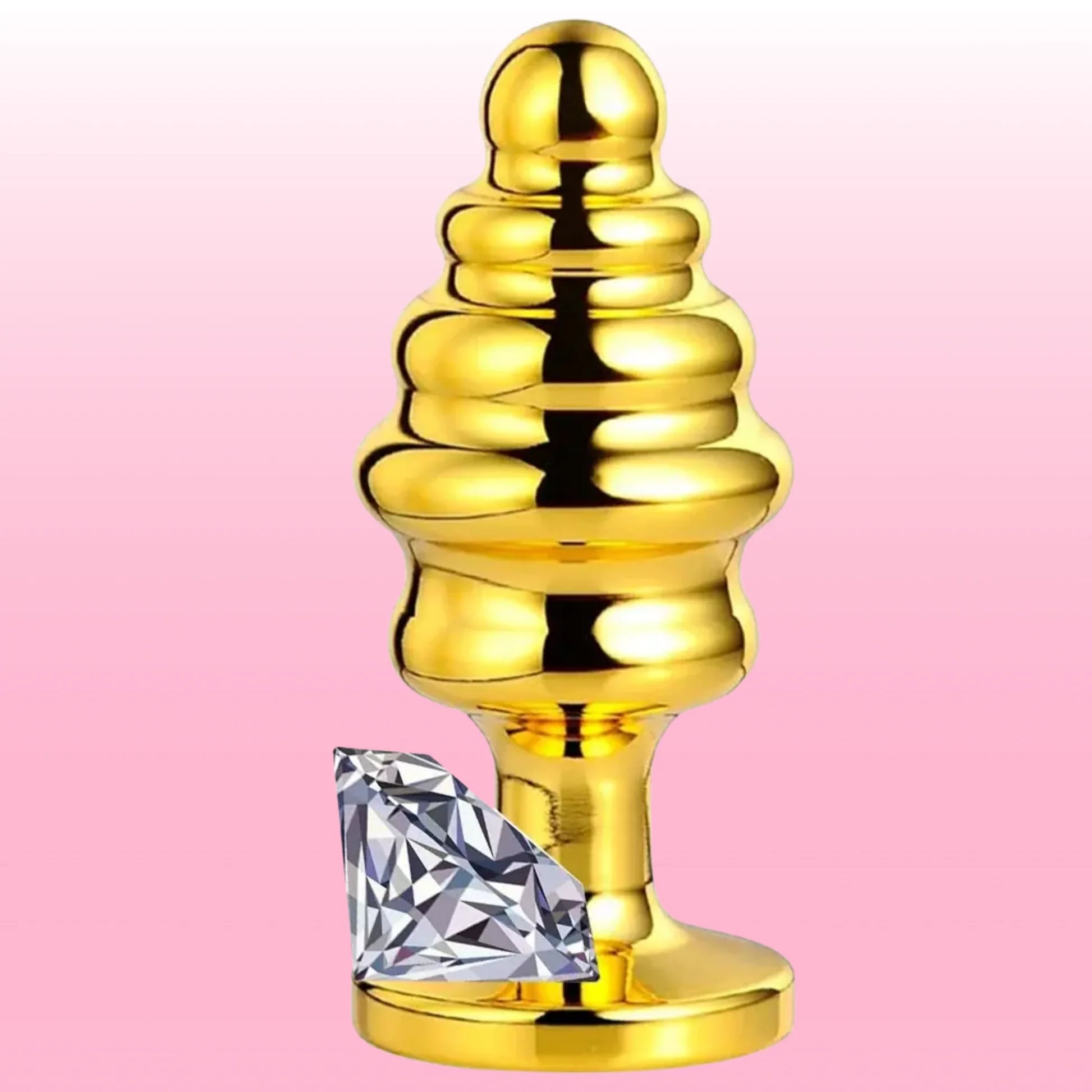 Erox The Anal Play Gold Ribbed Beyaz Taşlı Boğumlu Metal Anal Plug-Medium