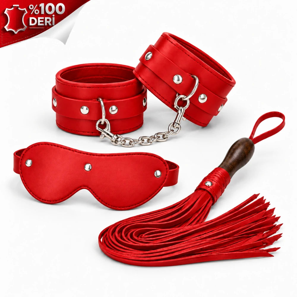 Frowzer Fetish Love Game %100 Gerçek Deri Kelepçe Maske Kırbaç Seti-Kırmızı