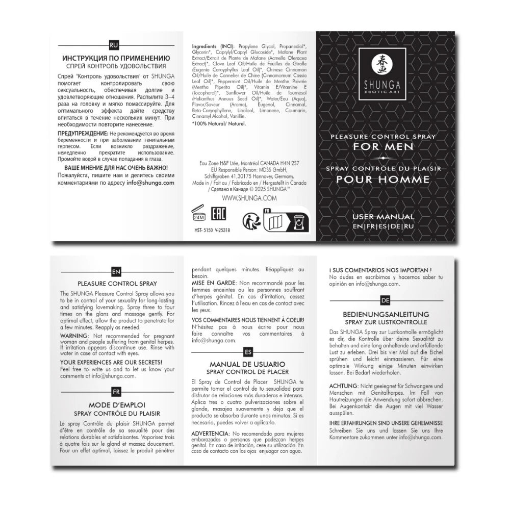 Shunga Pleasure Control Spray Erkeklere Özel Penis Spreyi 20 Ml.