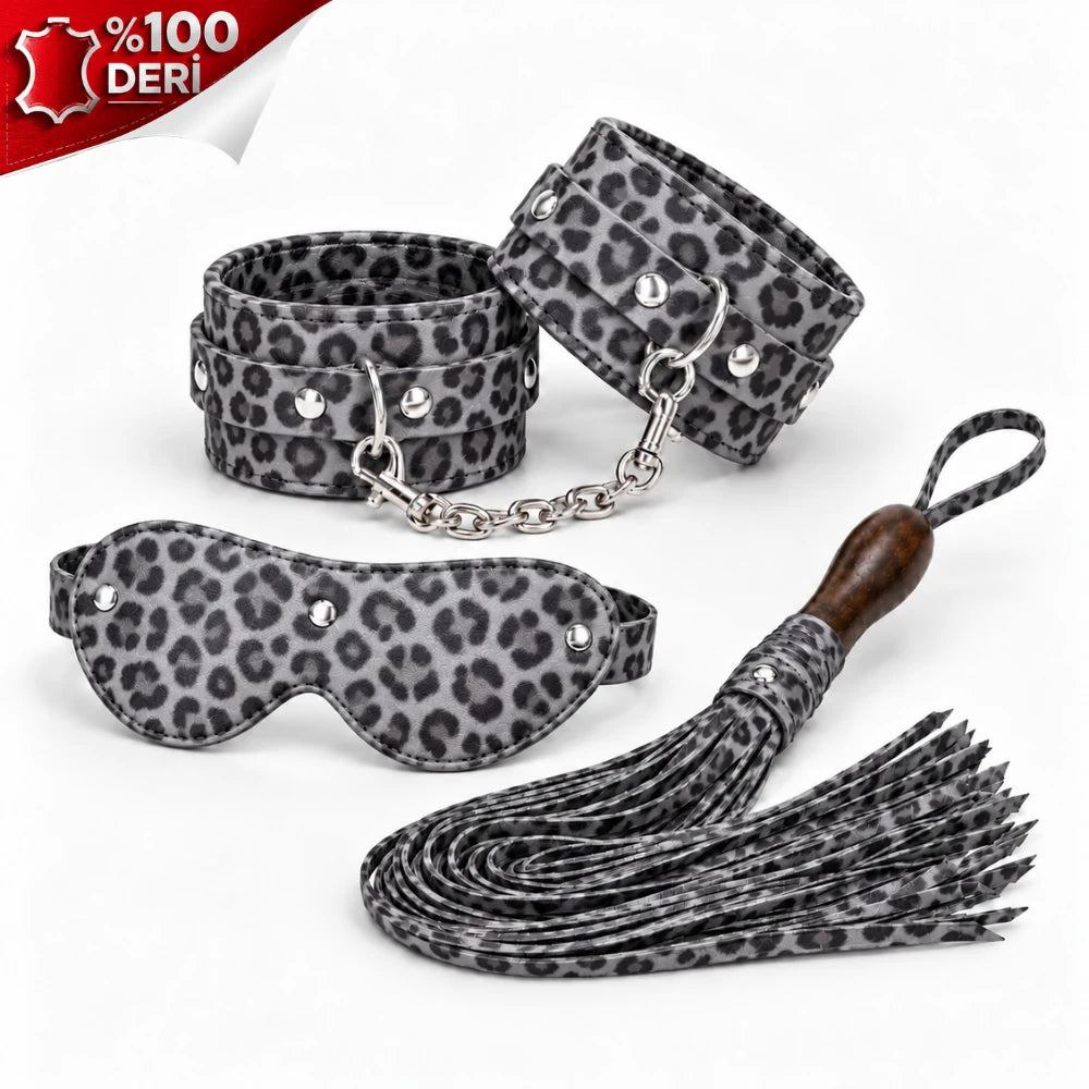 Frowzer Fetish Love Game %100 Gerçek Deri Kelepçe Maske Kırbaç Seti-Leopar