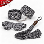 Frowzer Fetish Love Game %100 Gerçek Deri Kelepçe Maske Kırbaç Seti-Leopar