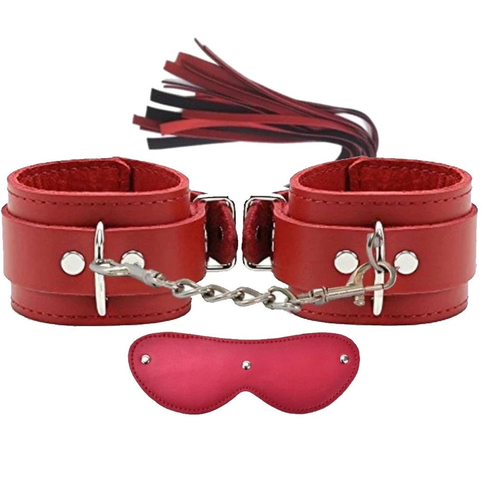 Erox Fetish Fantasy Series Cuffs 3 Pcs. Deri Fetiş Pozisyon Kelepçe Seti-Kırmızı