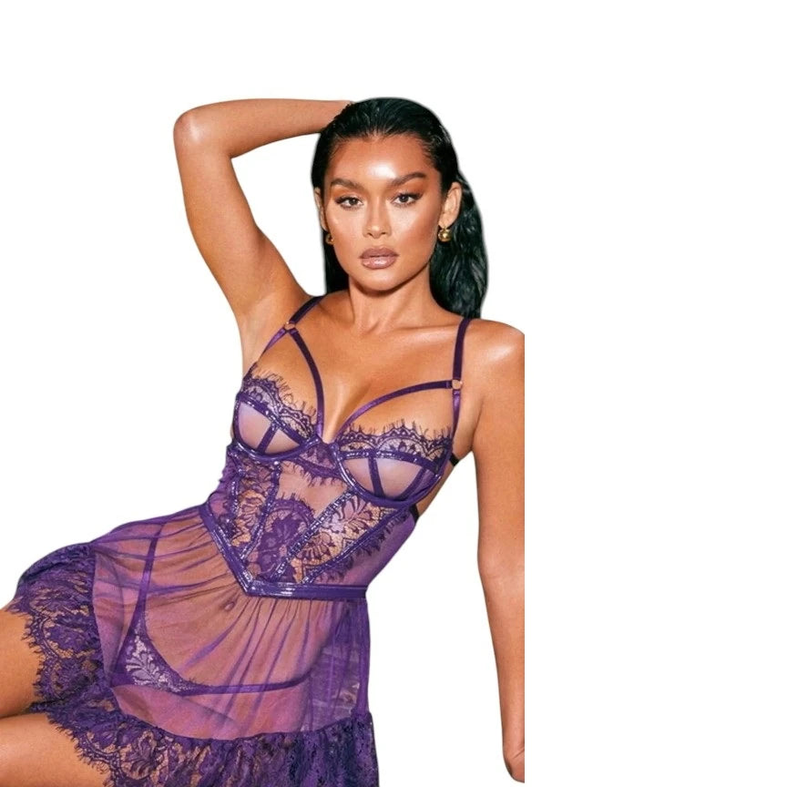 Frowzer Fantasy Wear Britli Mor Takım Dantel Transparan Gecelik