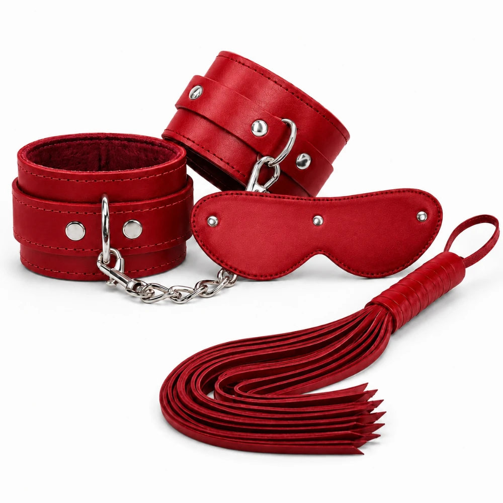 Frowzer Fetish Fantasy Series Cuffs 3 Pcs. Deri Fetiş Pozisyon Kelepçe Seti-Kırmızı