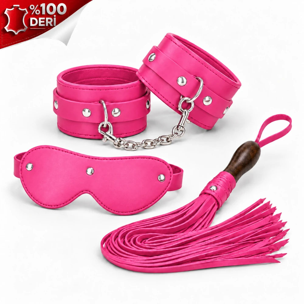 Frowzer Fetish Love Game %100 Gerçek Deri Kelepçe Maske Kırbaç Seti-Pembe
