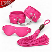 Frowzer Fetish Love Game %100 Gerçek Deri Kelepçe Maske Kırbaç Seti-Pembe