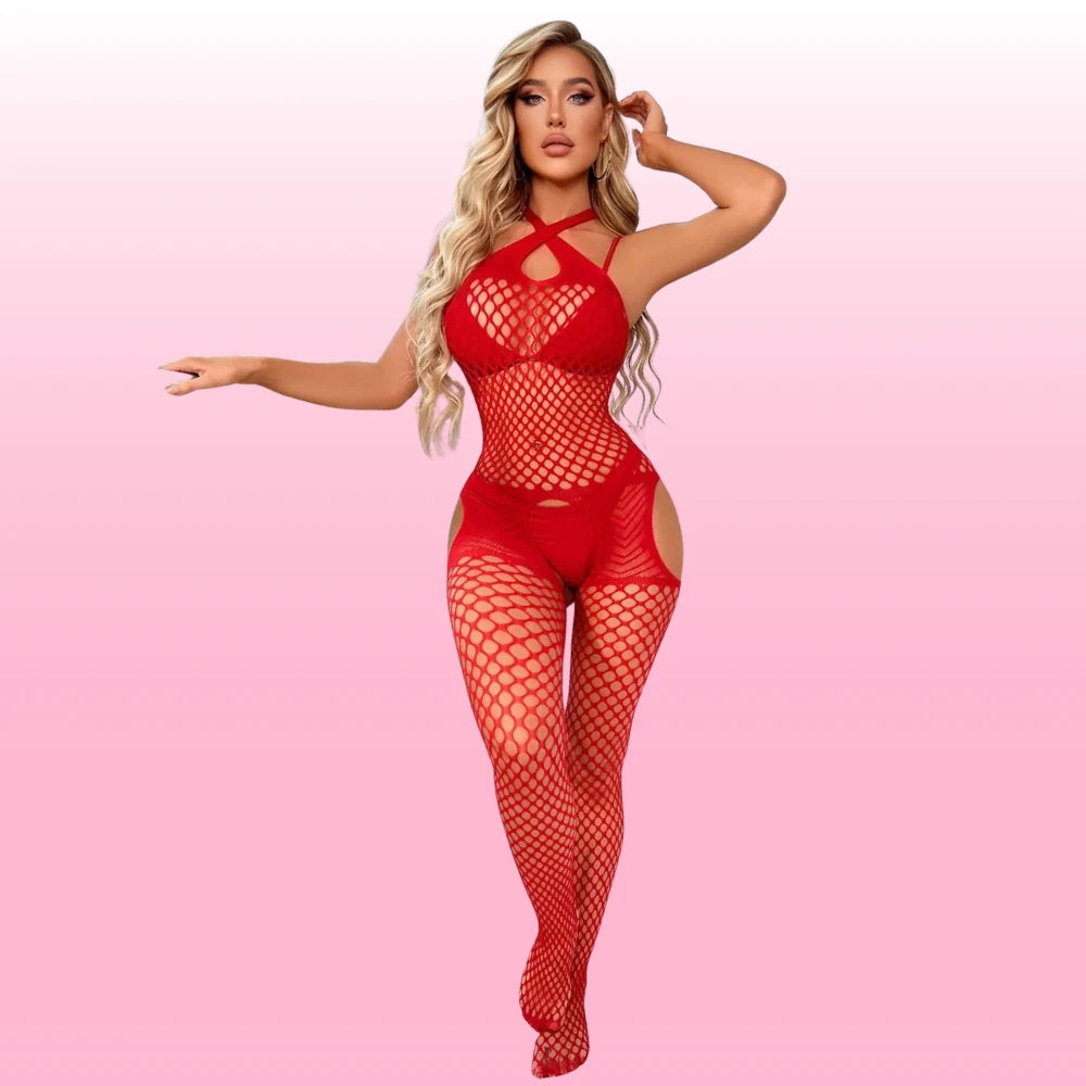 Frowzer She Fantasy Wear File Özel Bölgesi Açık Fantezi Vücut Çorabı-Red