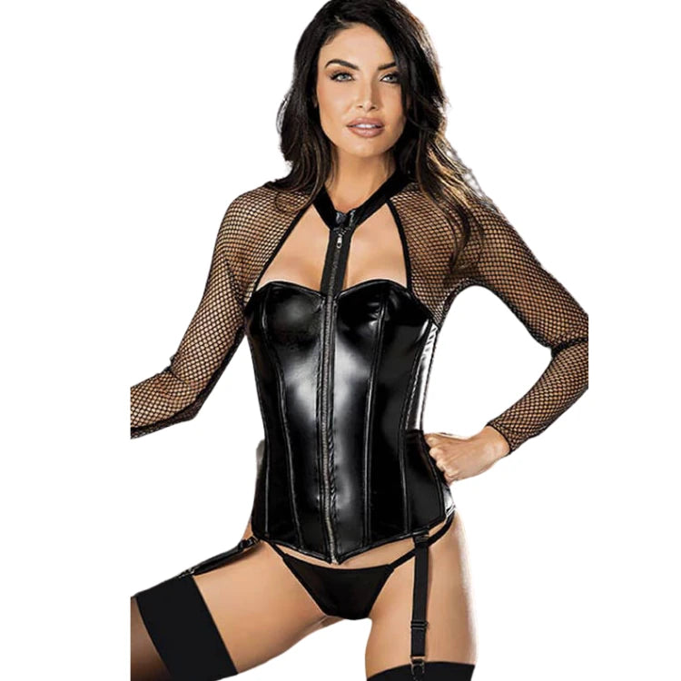 Frowzer Fantasy Wear File Detaylı Jartiyerli Fantazi Deri Büstiyer Takım