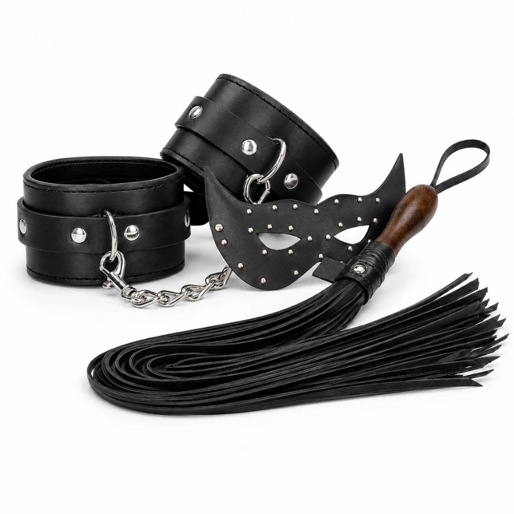 Frowzer Fetish Love Game Maske Kırbaç Kelepçe 3'lü Set-Siyah