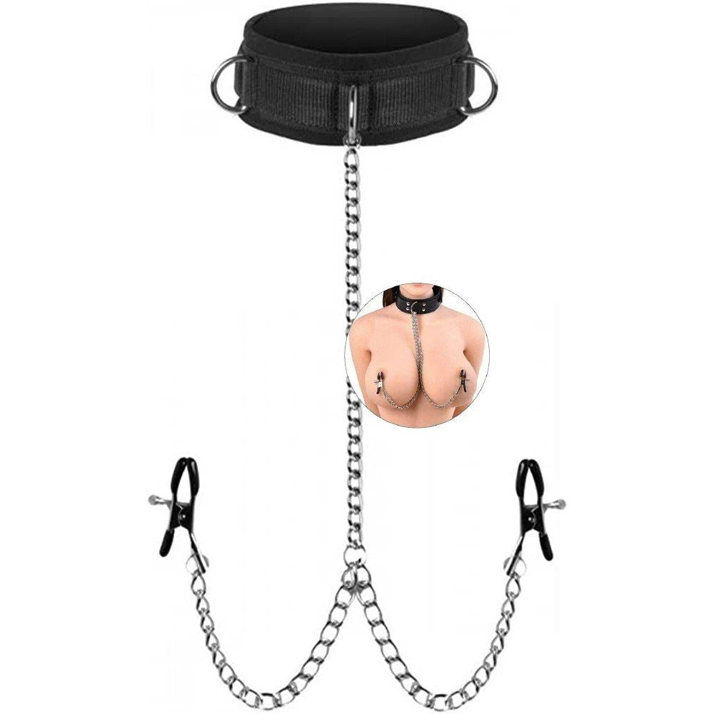Frowzer Fetish Fantasy Series Collar With Nipple Clamps Zincirli Göğüs Klipsi