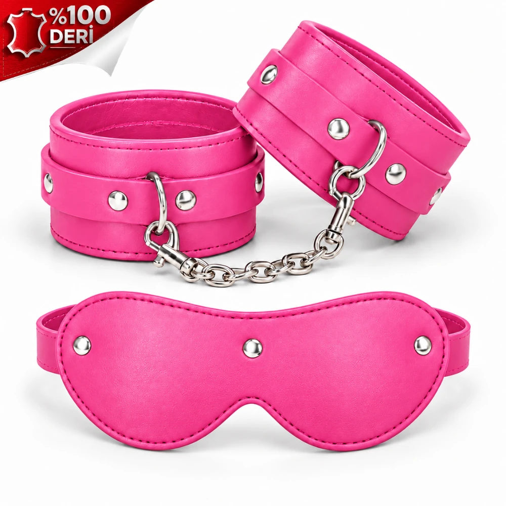 Frowzer Fetish Love Game %100 Gerçek Deri El Bilek Kelepçesi ve Maske-Pembe