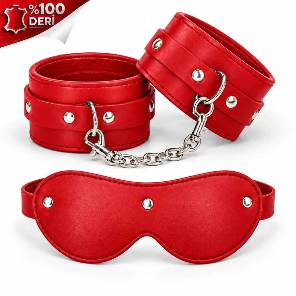 Frowzer Fetish Love Game %100 Gerçek Deri El Bilek Kelepçesi ve Maske-Kırmızı