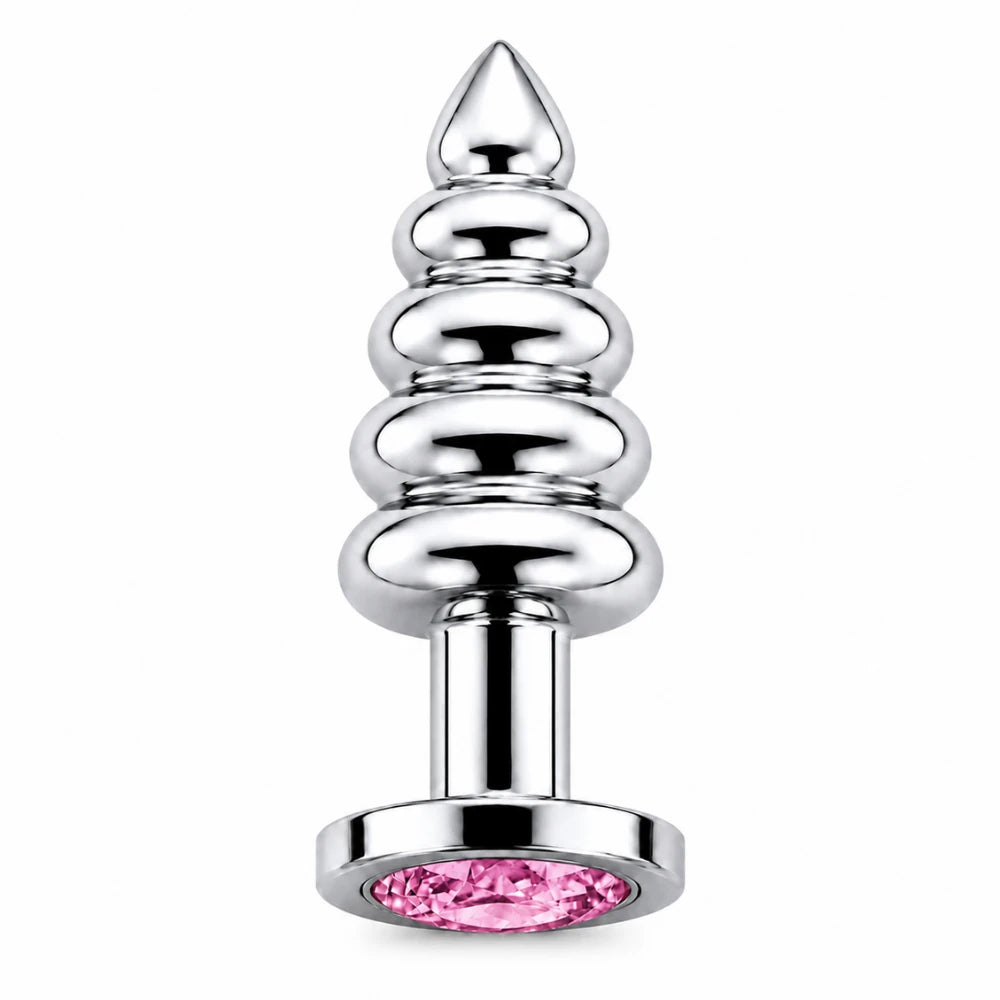 Frowzer Anal Play Silver Ribbed Pembe Taşlı Boğumlu Metal Anal Plug - Large