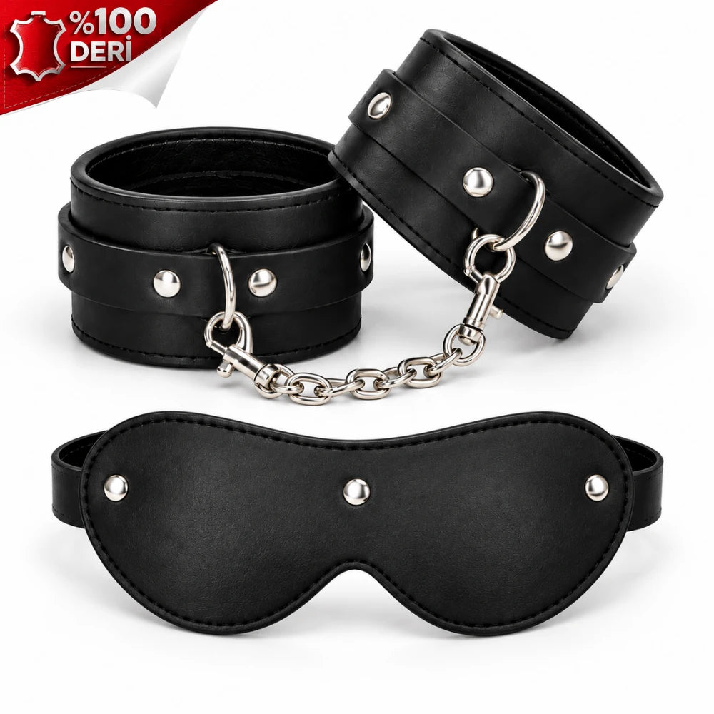 Frowzer Fetish Love Game %100 Gerçek Deri El Bilek Kelepçesi ve Maske-Siyah